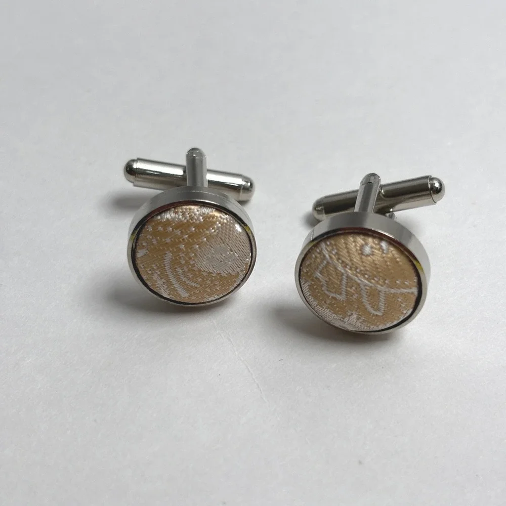 Vintage Style Ivory Gold Silver Brocade Fabric Inset Round Cufflinks Mens Formal